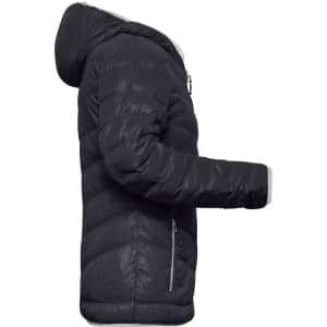 A ladies' down jacket in black with a hood, featuring zippered pockets and a sleek puffer design.