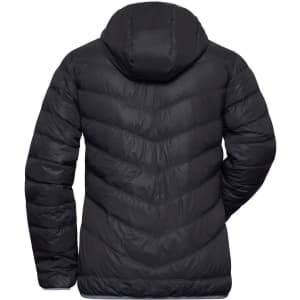 A black ladies down jacket with a hood, featuring a puffer style and chevron stitching design on the back.
