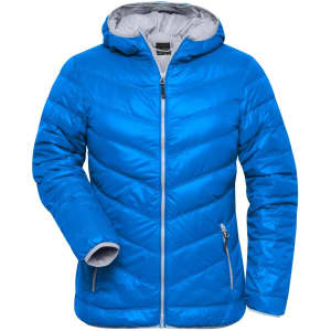 A blue ladies down jacket with a zipper and hood, featuring a contrasting grey lining and an angled design.