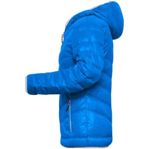 A blue ladies down puffer jacket with a hood, featuring a zip and side pockets.