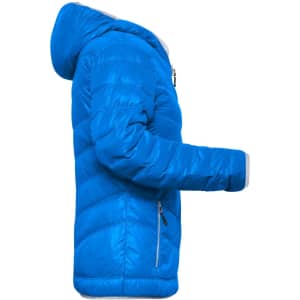 A blue ladies down jacket with a hood, featuring a side view and a zippered pocket. It has a brand logo.
