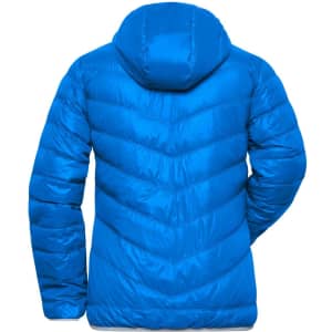 A blue ladies down jacket with a hood, featuring a puffer design and chevron stitching on the back.