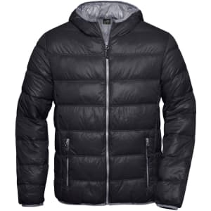 A men's puffer jacket in black with a hood, featuring zipped pockets and a sleek, insulated design.