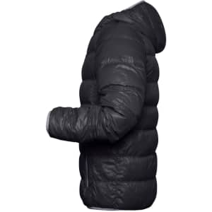 A black men's down puffer jacket with a hood, featuring a quilted design and side pockets.