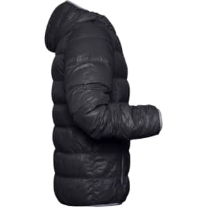 A black men's down jacket displayed from the side, featuring a puffer design and a hood.