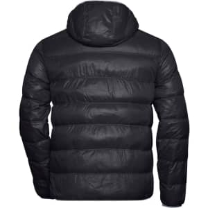 A black puffer jacket featuring a hood and a quilted design, viewed from the back. It has a logo on the upper area.