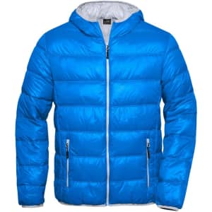 A bright blue men's down puffer jacket with a hood and zippered pockets. Features a logo on the chest.
