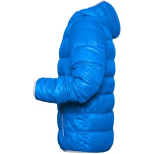 A bright blue puffer jacket with a hood, featuring a side view and a logo on the sleeve.