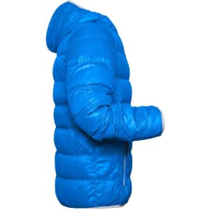 A bright blue men's down jacket is displayed, featuring a hood and a puffer design. It has a logo on the sleeve.