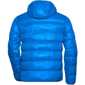 A bright blue puffer jacket with a hood, showcasing a quilted texture and a simple design on the back.