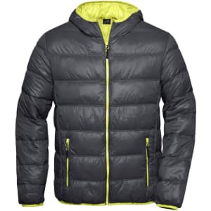 A men's puffer jacket in dark grey with a bright yellow lining and accents, featuring a hood and zippered pockets.