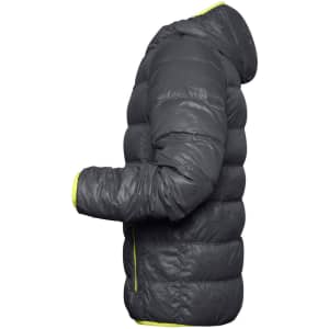 A men's down jacket in dark grey with a hood and bright yellow accents. It features a puffer design and has a logo.