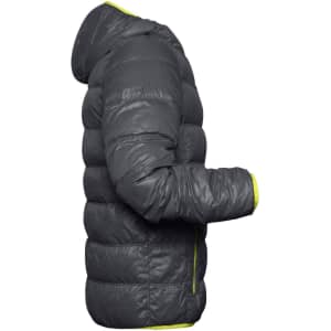A men's down puffer jacket in dark grey with bright yellow accents, featuring a hood and zippered pockets.