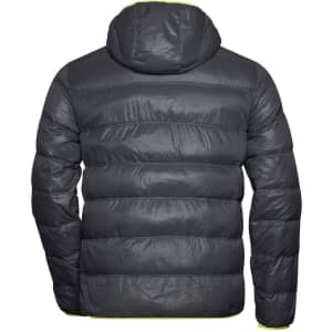 A men's down jacket in dark grey with a hood, featuring a quilted design and a logo on the back.