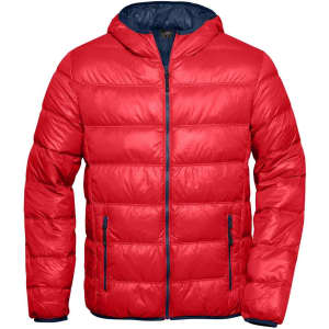 A red puffer jacket with a hood, featuring a zip front and contrasting navy accents. It has a branded logo.
