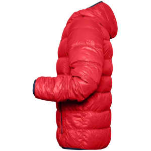 A puffer jacket in bright red with a hood and zipped pockets, showing a side view and featuring a logo.