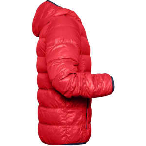 A red men's down puffer jacket with a hood, featuring a side view and a contrasting navy collar.