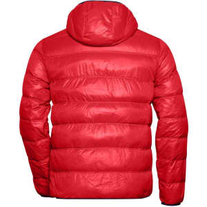A red puffer jacket with a hood, featuring a quilted design and a logo on the back.