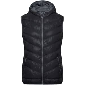 A black ladies down vest featuring a hood, zip closure, and zipped side pockets. The fabric has a quilted pattern.