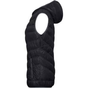 A ladies' down vest in black with a hood, featuring a quilted design and zippered pocket.