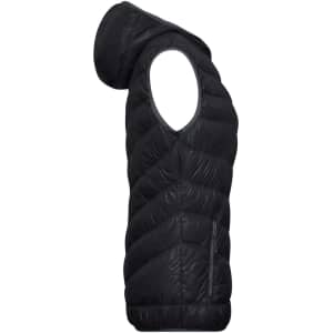 A black ladies down vest with a hood, featuring a quilted design and a side zip pocket.
