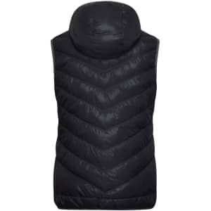 A black ladies down vest with a chevron pattern and a hood, featuring branding on the design.
