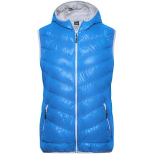 A blue ladies down vest with a hood, featuring a quilted design and grey lining, includes two front zip pockets and a logo.