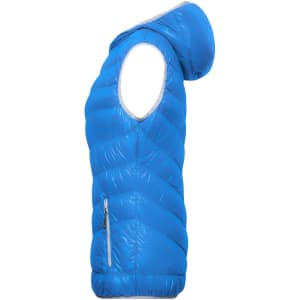 A blue ladies' down vest featuring a hood and a zippered pocket, with a puffy quilted design.