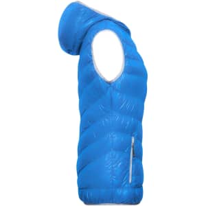 A blue ladies down vest with a hood and a zip pocket on the side, featuring a quilted design.