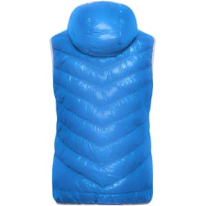 A blue ladies down vest with a hood and chevron pattern on the back, featuring a logo.