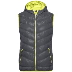A ladies' down vest in grey with a bright yellow hood and trim, featuring zip pockets and a zip front.