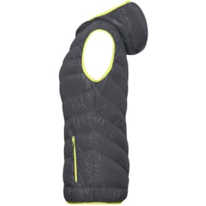 A grey ladies down vest with a hood and a bright yellow zipper detail, featuring a quilted design.