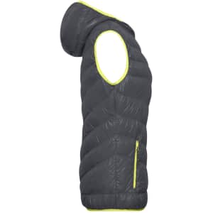 A grey ladies down vest with a hood and contrasting yellow zipper detailing. It features a side view showcasing its structure.