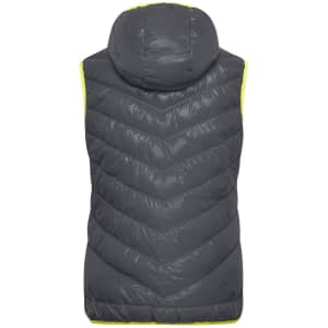 A grey ladies down vest with a hood, featuring a contrasting yellow trim and a quilted design.