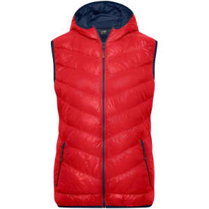 A red ladies down vest with a navy blue lined hood and zip fastening, featuring a quilted design.