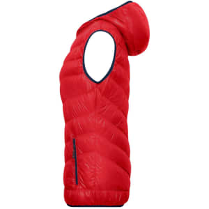 A red ladies down vest with a hood, featuring a quilted design and side pockets. It has a logo on the fabric.