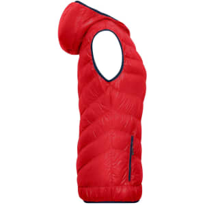 A red down vest with a hood, featuring a quilted design and a side zip pocket. It has a branding logo.