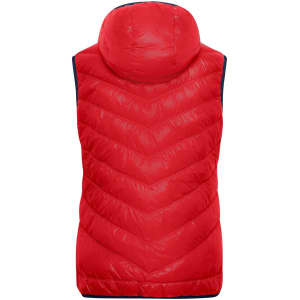 A red ladies down vest with a hood and chevron stitching, featuring a branding logo.