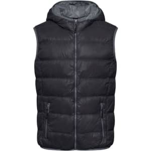 A black men's down vest with a hood and zippered pockets, featuring a puffy quilted design and interior lining.