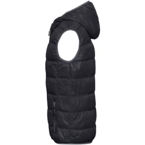 A black men's down vest featuring a hood and side zipper, with a puffy design. It has a logo on the fabric.