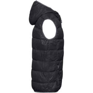 A black men's down vest featuring a hood and a zippered front pocket. It has a puffy design and sleeveless cut.