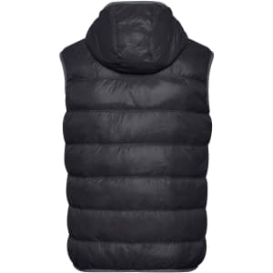 A black down vest with a hood, featuring a padded design and a logo.