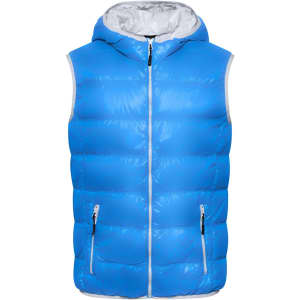 A blue puffer vest with a hood, featuring two zippered pockets and a contrasting white interior lining.