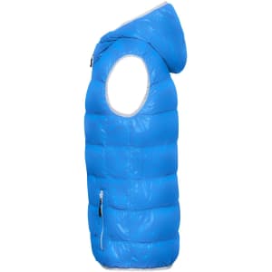 A bright blue men's down vest with a hood and a zippered pocket on the side, featuring a logo.