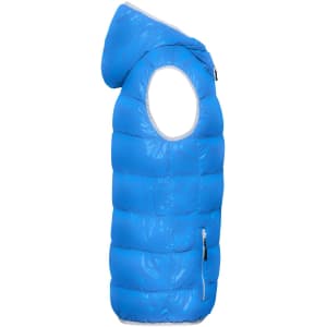 A blue men's down vest with a hood, featuring a side zip pocket and a shiny finish.