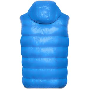 A bright blue down vest with a hood, featuring a puffy design and a logo on the back.