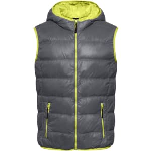 A grey men's down vest with a hood, featuring bright yellow accents and two zip pockets on the front.