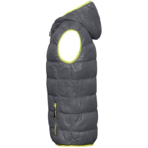 A grey men's down vest with a hood, featuring a yellow trim and a side pocket.