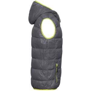 A grey down vest featuring a hood and bright yellow trim, with a zip pocket on one side.