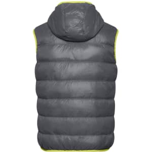 A grey men's down vest with a hood, featuring a bright yellow trim and a logo on the back.